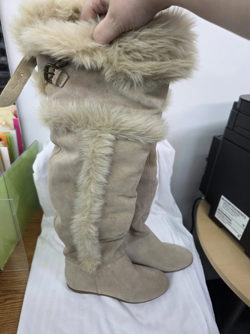 Aldo Beige Suede-Look Over-the-Knee Boots with Faux Fur Trim